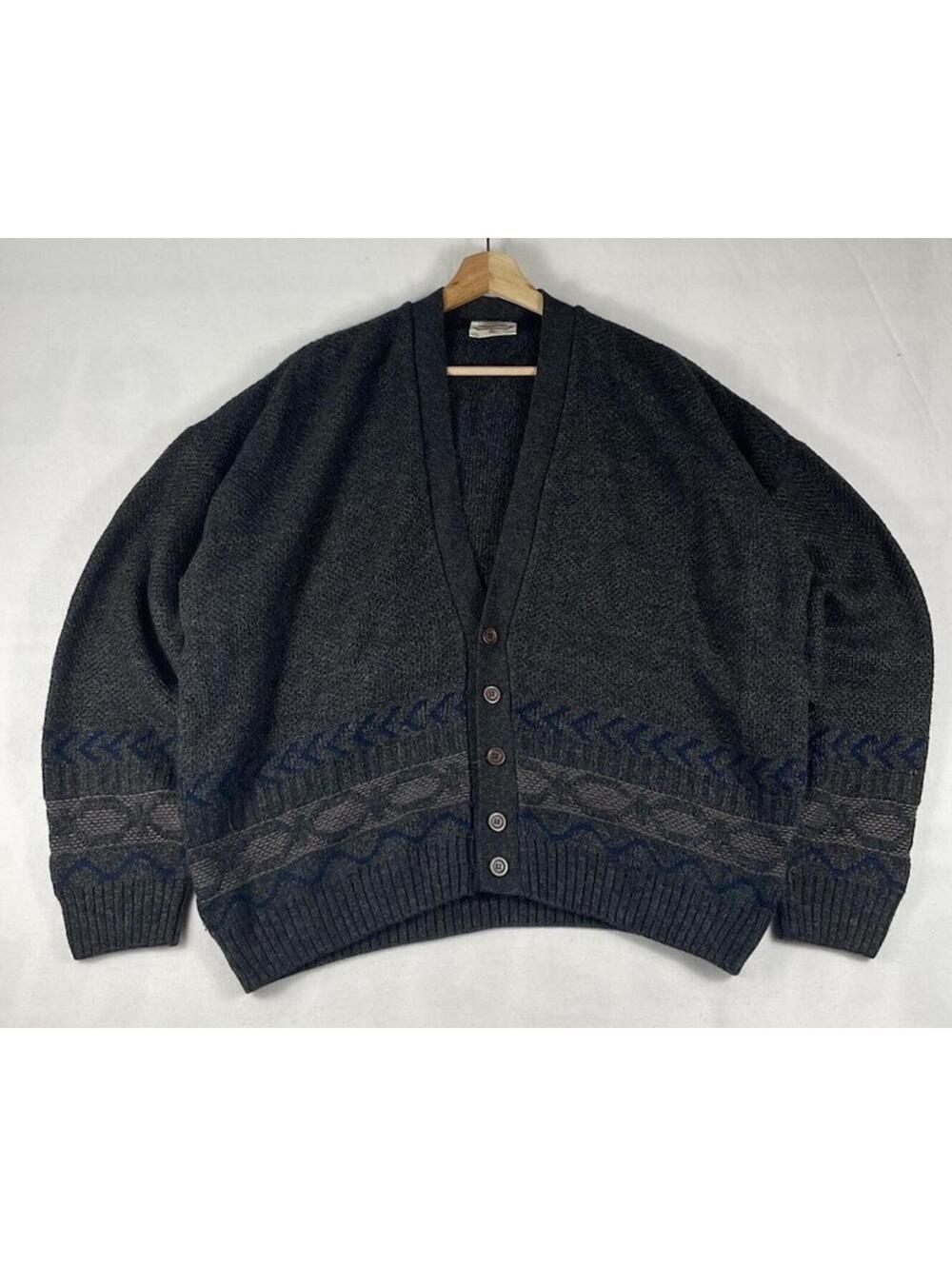 Vintage Metro Wool Acrylic Brown Gray Pattern Cardigan Made in UK Sz XL 28x26
